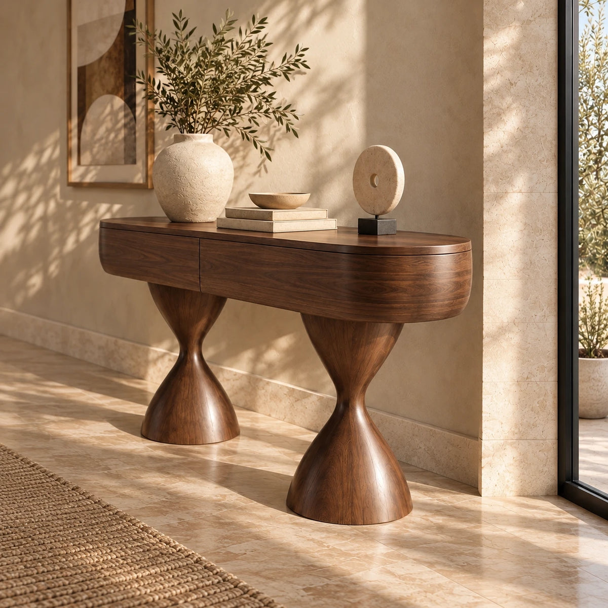 Console Table with Storage, Twin Hourglass Pedestals and Rounded Oval Top - Woodenecho - 6