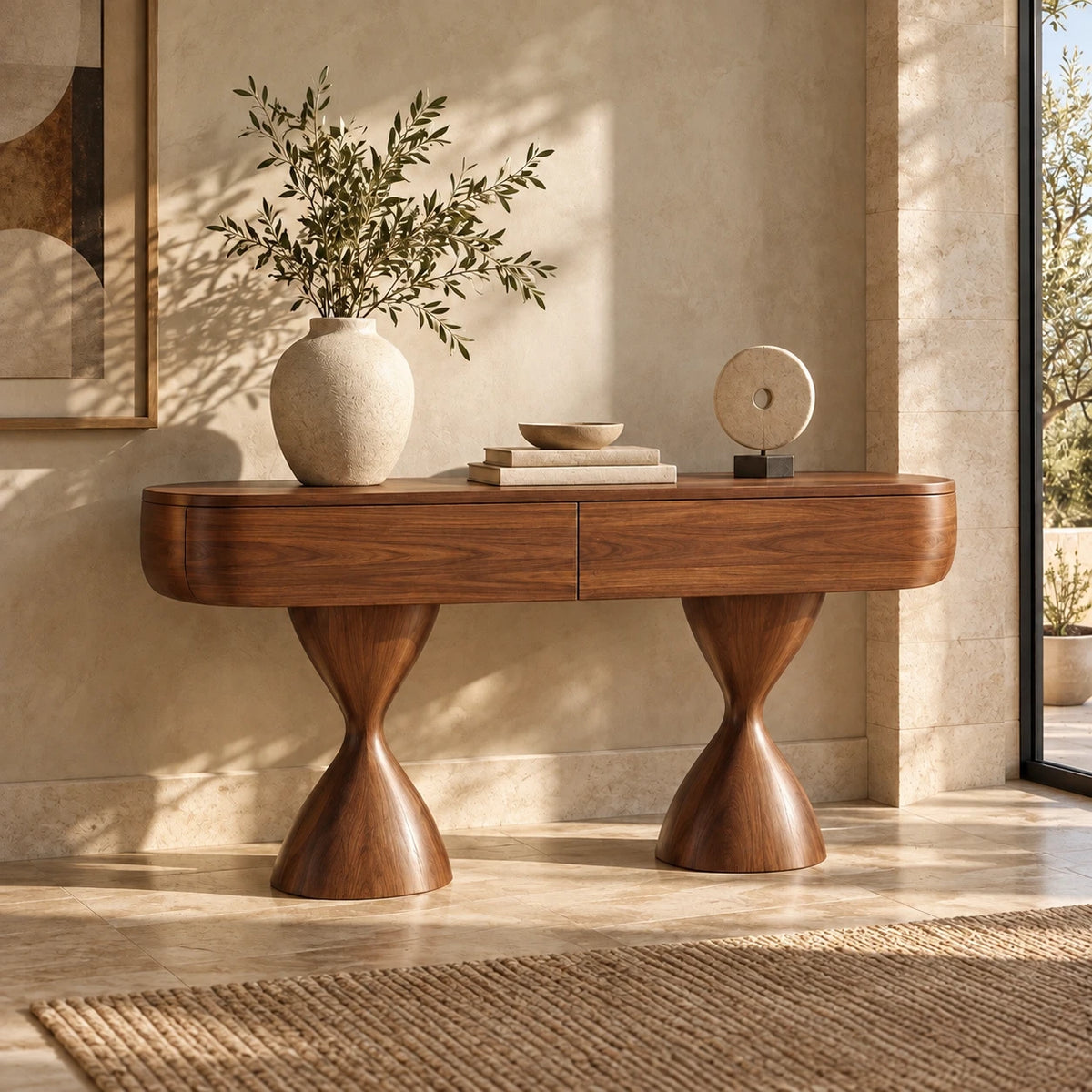 Console Table with Storage, Twin Hourglass Pedestals and Rounded Oval Top - Woodenecho - 7