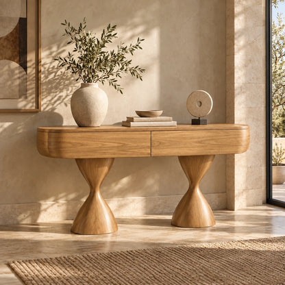 Console Table with Storage, Twin Hourglass Pedestals and Rounded Oval Top - Woodenecho - 8