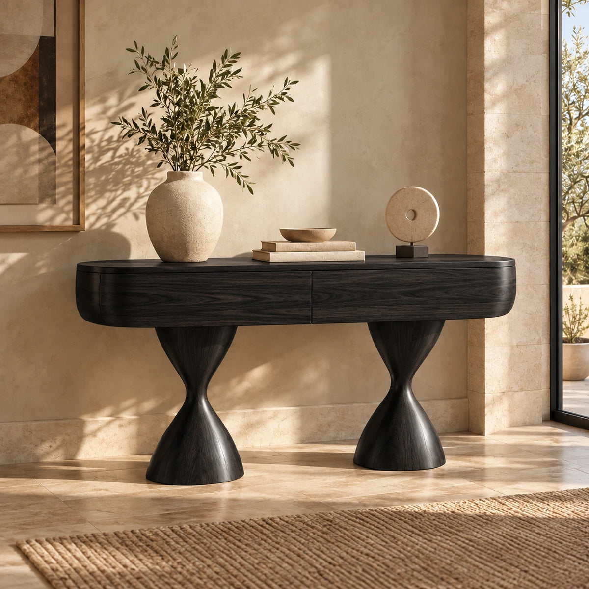 Console Table with Storage, Twin Hourglass Pedestals and Rounded Oval Top - Woodenecho - 9