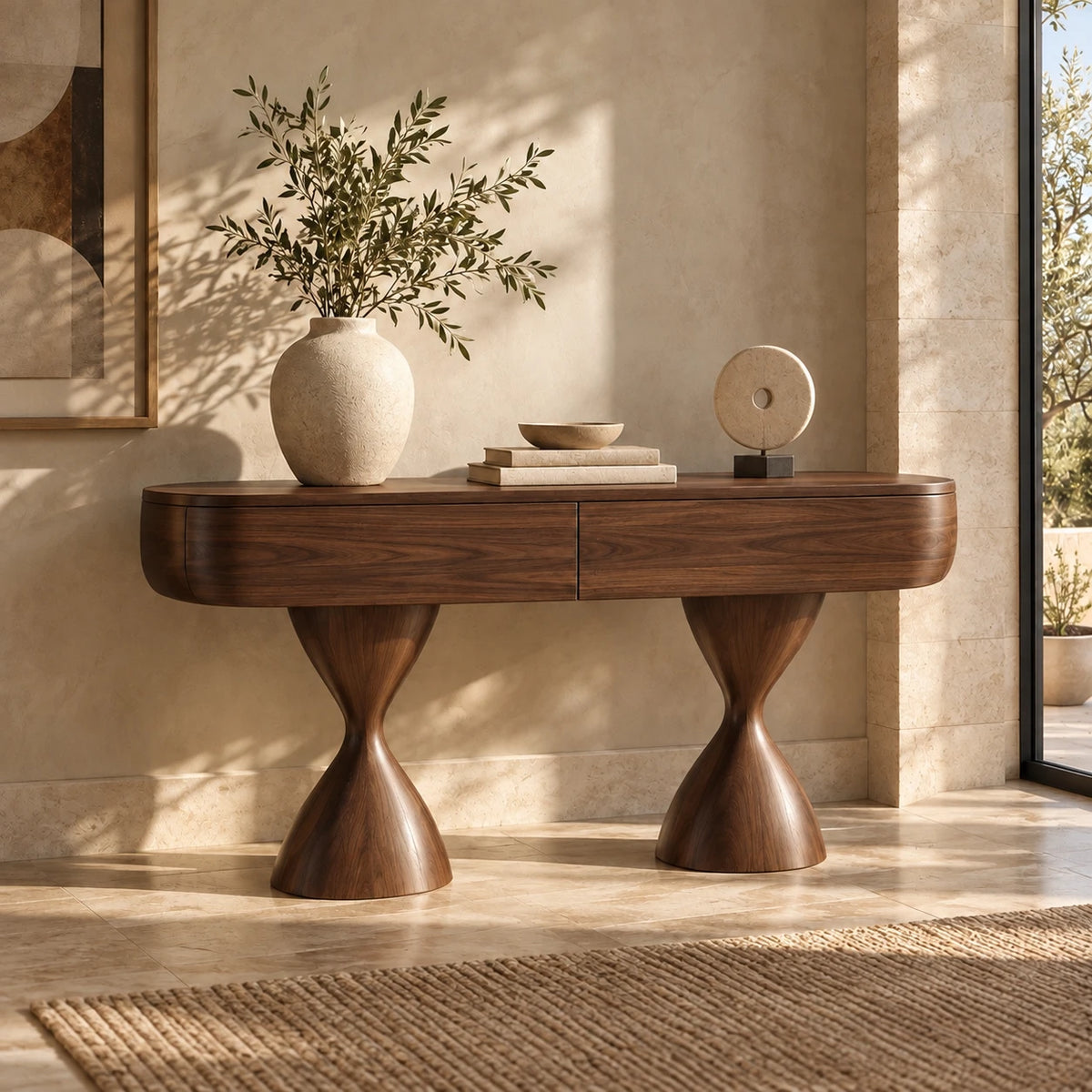 Console Table with Storage, Twin Hourglass Pedestals and Rounded Oval Top - Woodenecho