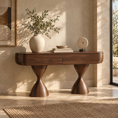 Console Table with Storage, Twin Hourglass Pedestals and Rounded Oval Top - Woodenecho