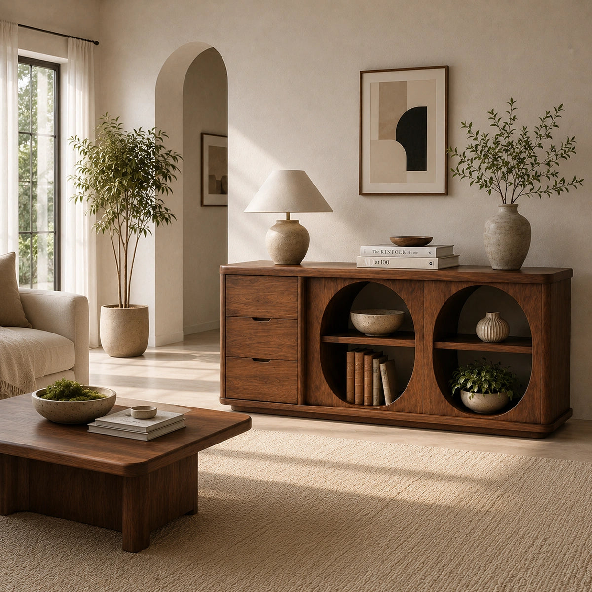 Console Table with Two Oval Display Niches in Natural Solid Wood Finish - Woodenecho - 1