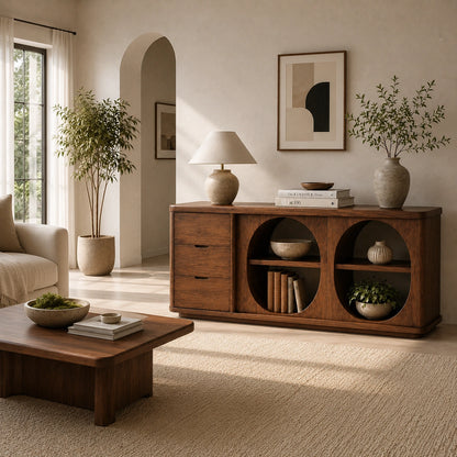 Console Table with Two Oval Display Niches in Natural Solid Wood Finish - Woodenecho - 1