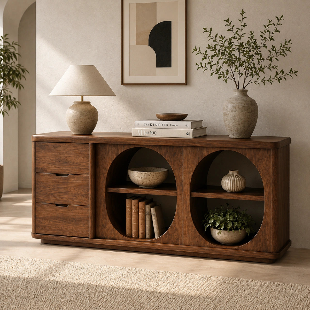 Console Table with Two Oval Display Niches in Natural Solid Wood Finish - Woodenecho - 2