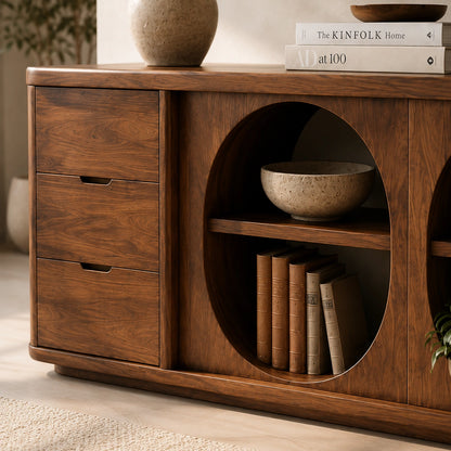 Console Table with Two Oval Display Niches in Natural Solid Wood Finish - Woodenecho - 3