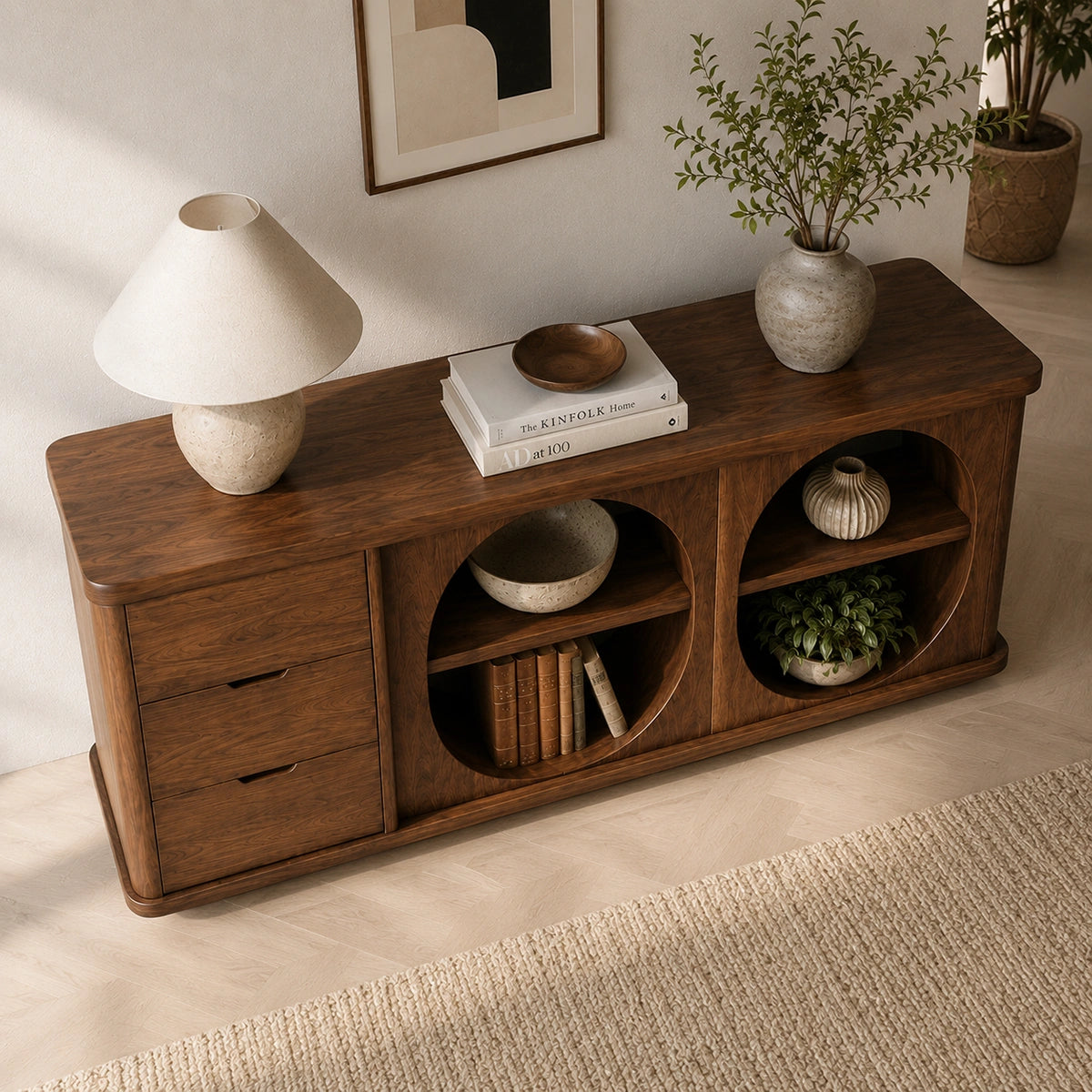 Console Table with Two Oval Display Niches in Natural Solid Wood Finish - Woodenecho - 4