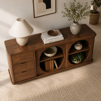 Console Table with Two Oval Display Niches in Natural Solid Wood Finish - Woodenecho - 4