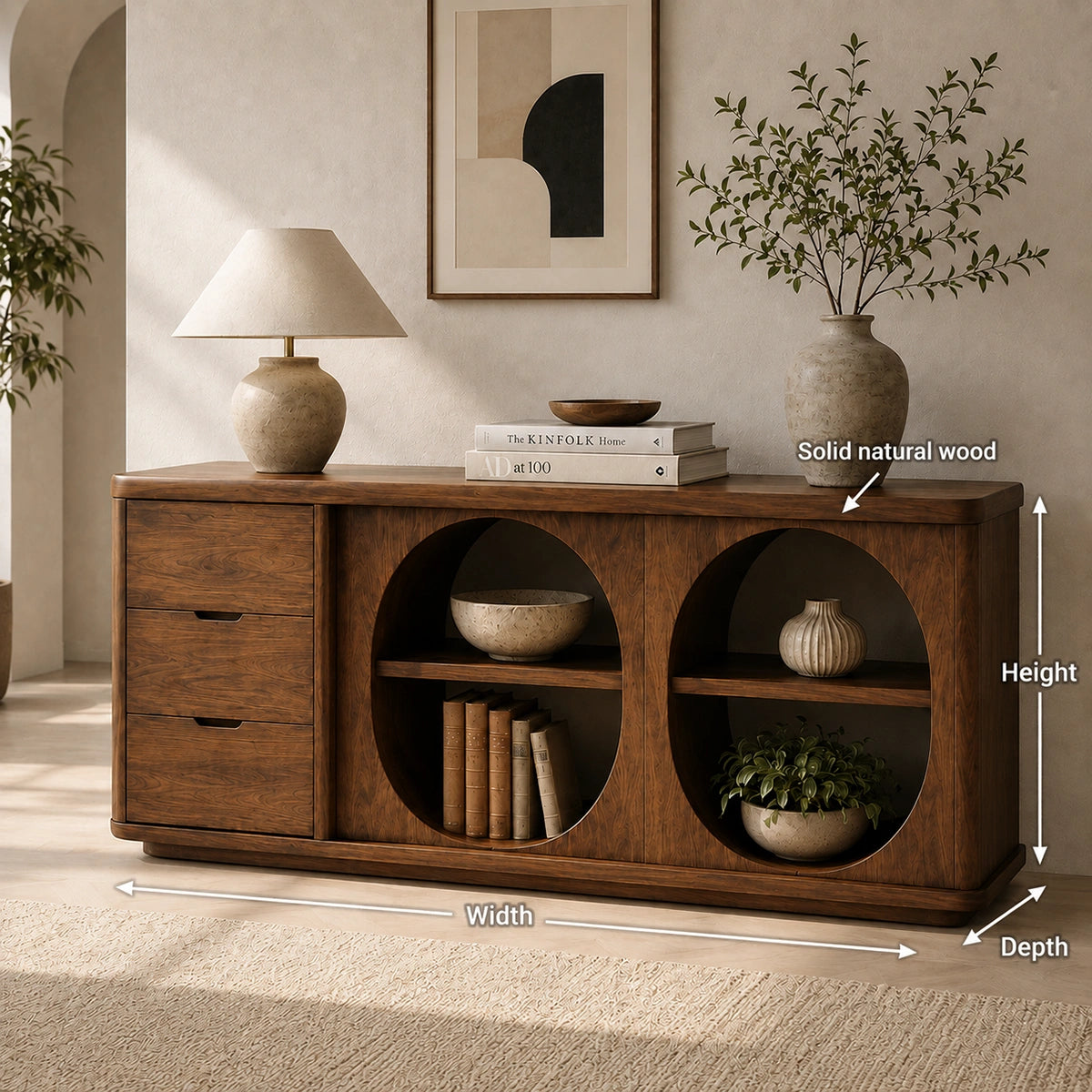 Console Table with Two Oval Display Niches in Natural Solid Wood Finish - Woodenecho - 5