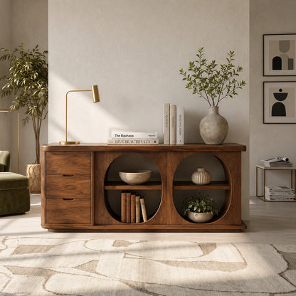 Console Table with Two Oval Display Niches in Natural Solid Wood Finish - Woodenecho - 6