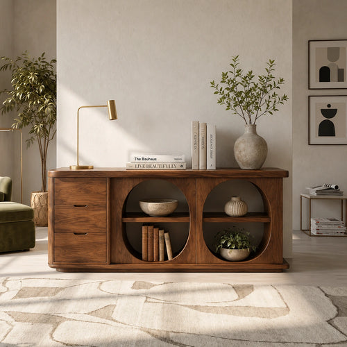 Console Table with Two Oval Display Niches in Natural Solid Wood Finish - Woodenecho - 6