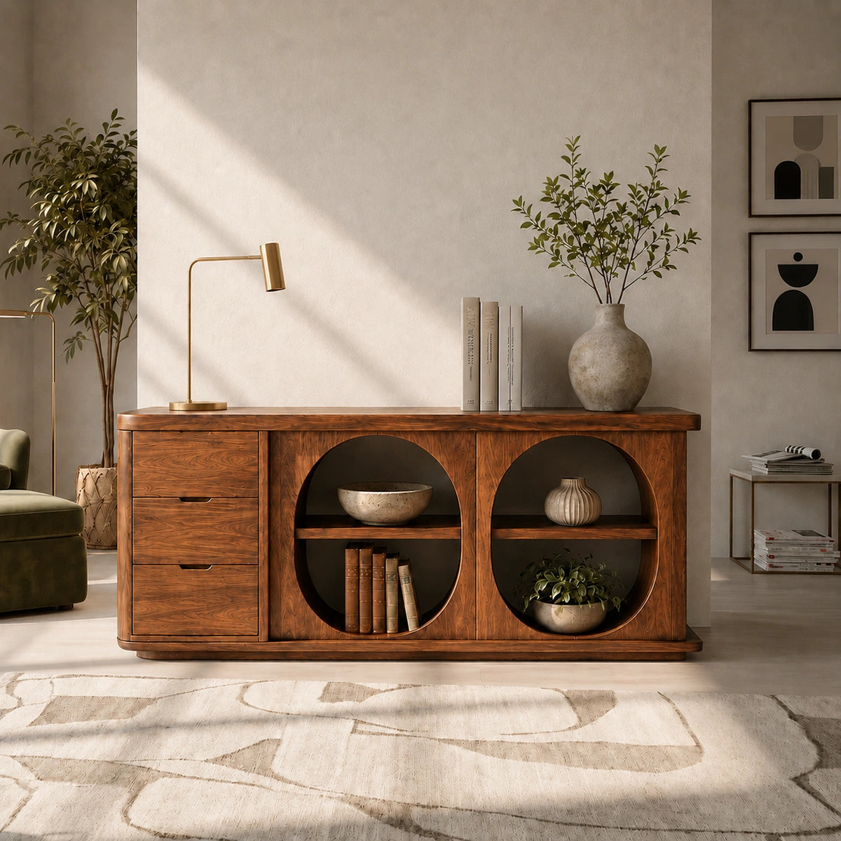 Console Table with Two Oval Display Niches in Natural Solid Wood Finish - Woodenecho - 7