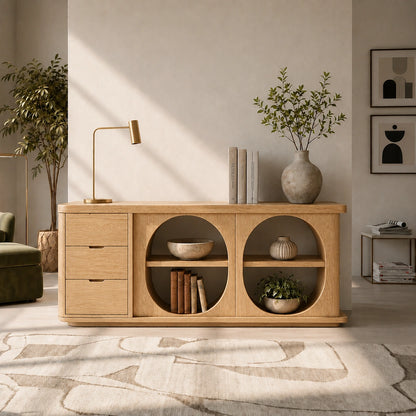 Console Table with Two Oval Display Niches in Natural Solid Wood Finish - Woodenecho - 9