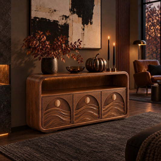 Console Table with Wave-Carved Doors and Moon Motifs in Natural Solid Wood - Woodenecho - 1