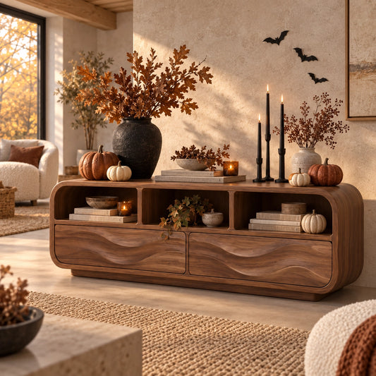 Console Table with Wave-Carved Drawers and Open Display Shelves in Four Sizes - Woodenecho - 1