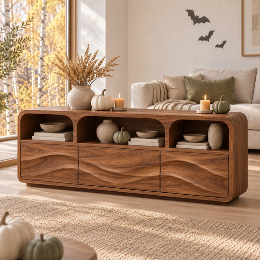 Console Table with Wave-Carved Drawers and Open Display Shelves in Four Sizes - Woodenecho - 1