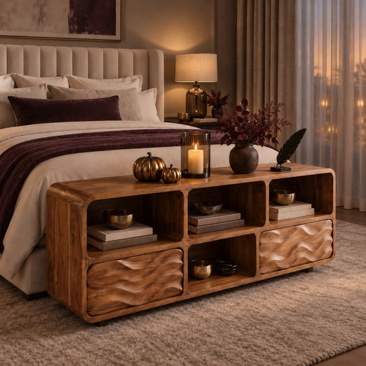 Console Table with Wave-Carved Drawers and Open Display Shelves in Wood - Woodenecho - 1