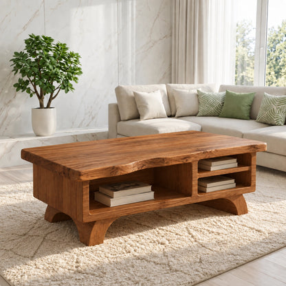 Contemporary Coffee Table with Open Storage Shelves in Natural Solid Wood - Woodenecho - 1