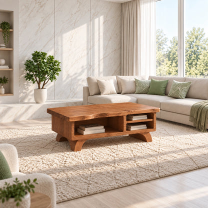 Contemporary Coffee Table with Open Storage Shelves in Natural Solid Wood - Woodenecho - 2
