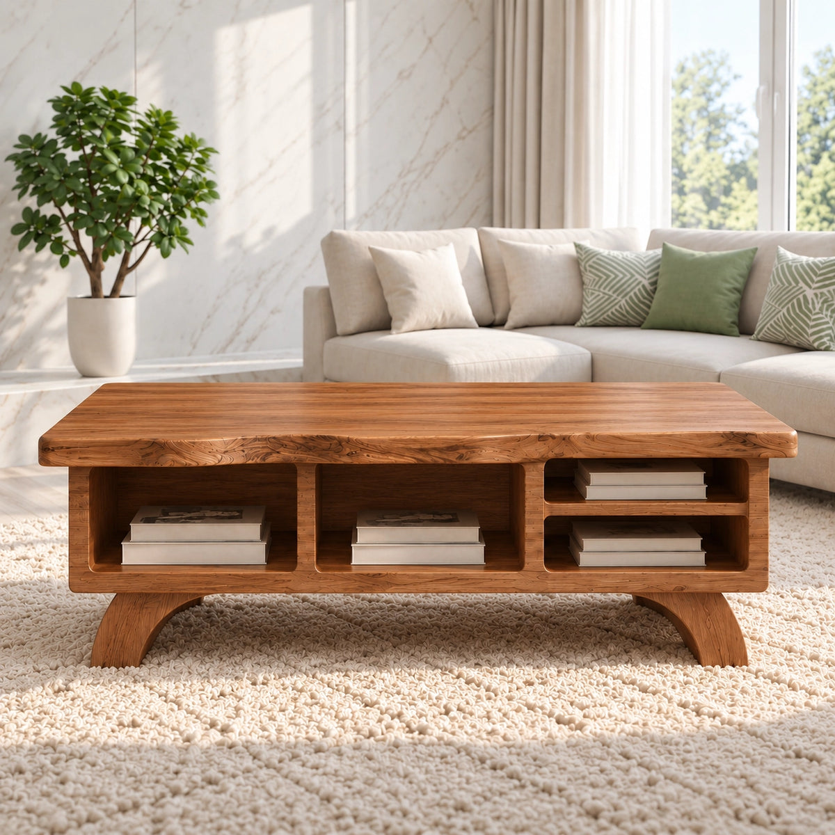 Contemporary Coffee Table with Open Storage Shelves in Natural Solid Wood - Woodenecho - 3