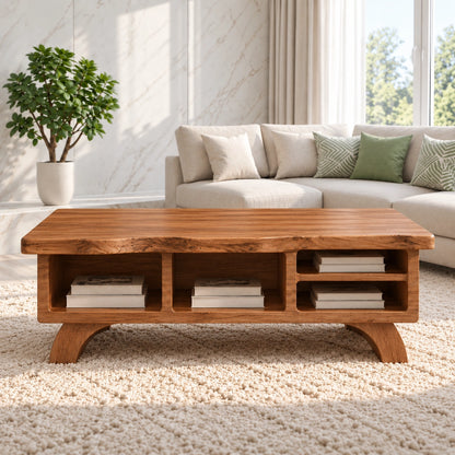 Contemporary Coffee Table with Open Storage Shelves in Natural Solid Wood - Woodenecho - 3