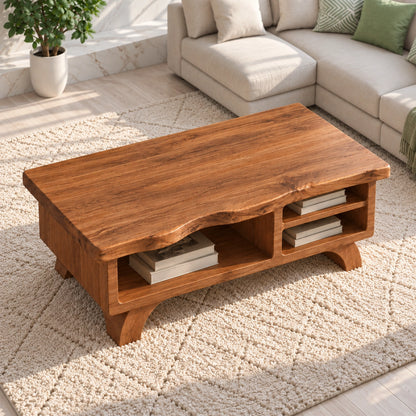 Contemporary Coffee Table with Open Storage Shelves in Natural Solid Wood - Woodenecho - 4