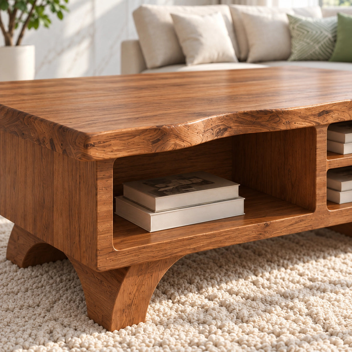 Contemporary Coffee Table with Open Storage Shelves in Natural Solid Wood - Woodenecho - 5