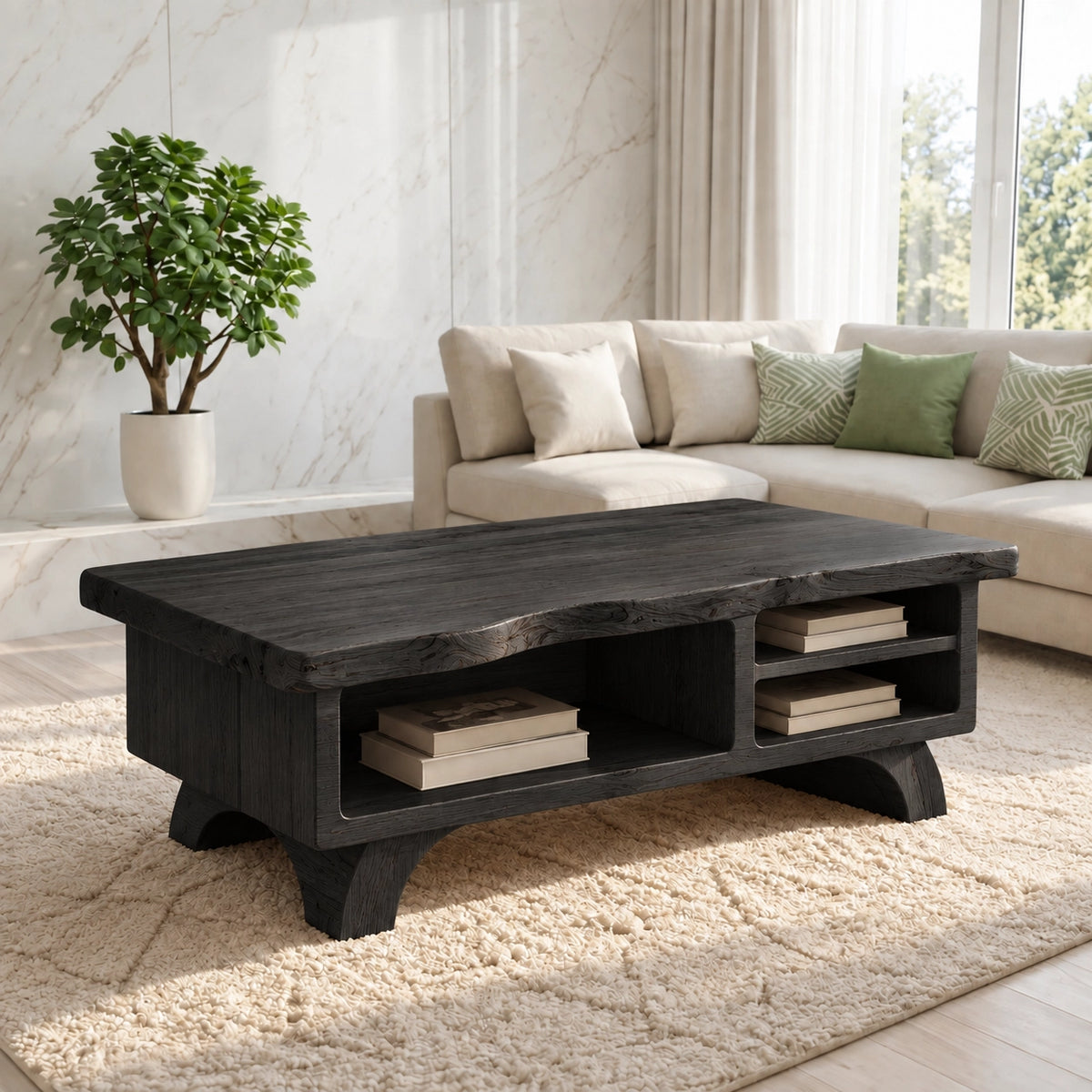 Contemporary Coffee Table with Open Storage Shelves in Natural Solid Wood - Woodenecho - 7