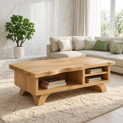 Contemporary Coffee Table with Open Storage Shelves in Natural Solid Wood - Woodenecho - 8