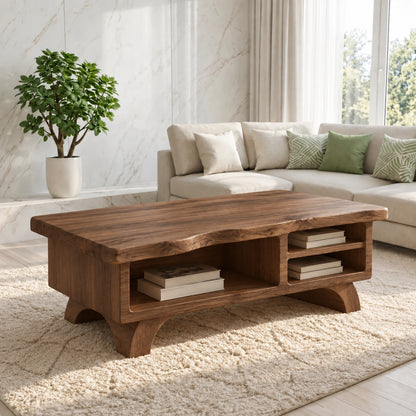 Contemporary Coffee Table with Open Storage Shelves in Natural Solid Wood - Woodenecho - 9