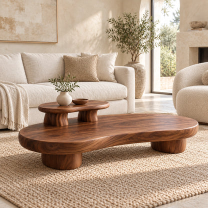 Contemporary Coffee Table with Sculptural Solid Wood Pedestal Base - Woodenecho - 1