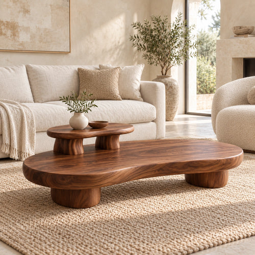 Contemporary Coffee Table with Sculptural Solid Wood Pedestal Base - Woodenecho - 1