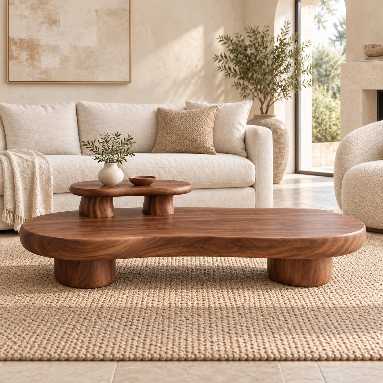 Contemporary Coffee Table with Sculptural Solid Wood Pedestal Base - Woodenecho - 2
