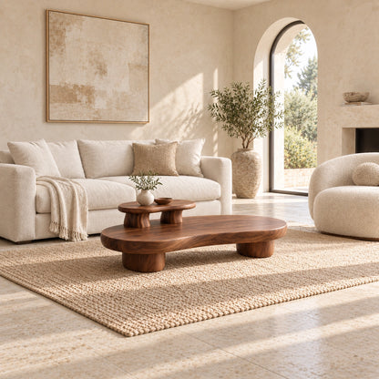 Contemporary Coffee Table with Sculptural Solid Wood Pedestal Base - Woodenecho - 3