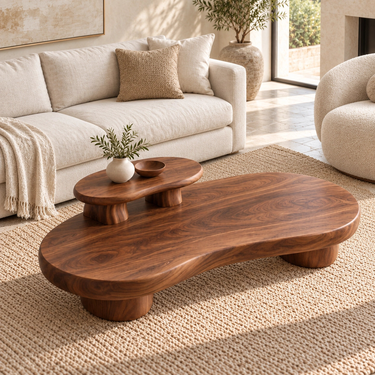Contemporary Coffee Table with Sculptural Solid Wood Pedestal Base - Woodenecho - 4