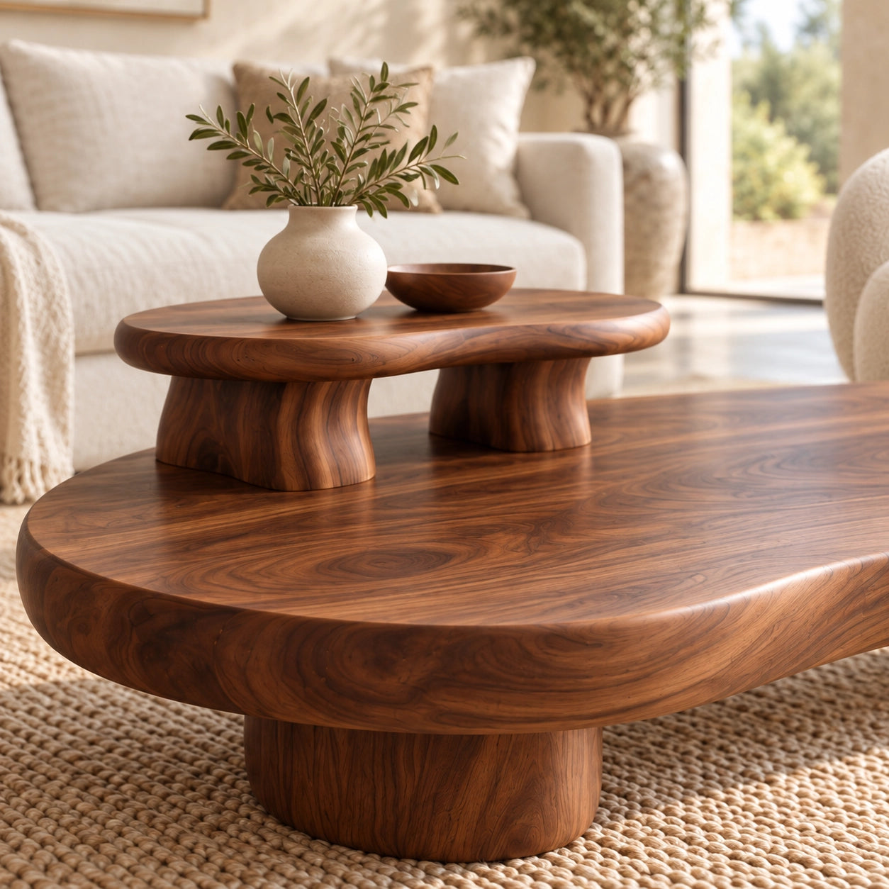 Contemporary Coffee Table with Sculptural Solid Wood Pedestal Base - Woodenecho - 5