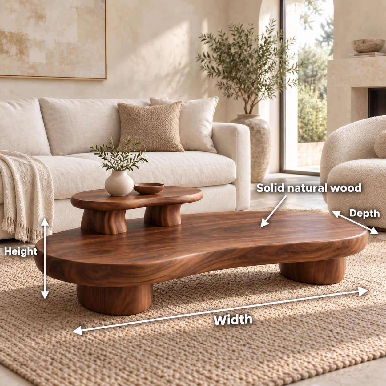 Contemporary Coffee Table with Sculptural Solid Wood Pedestal Base - Woodenecho - 6