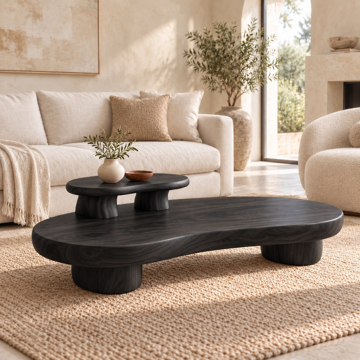Contemporary Coffee Table with Sculptural Solid Wood Pedestal Base - Woodenecho - 7