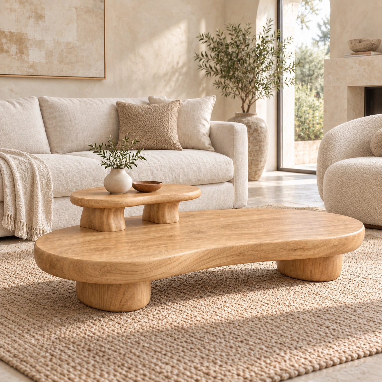 Contemporary Coffee Table with Sculptural Solid Wood Pedestal Base - Woodenecho - 9