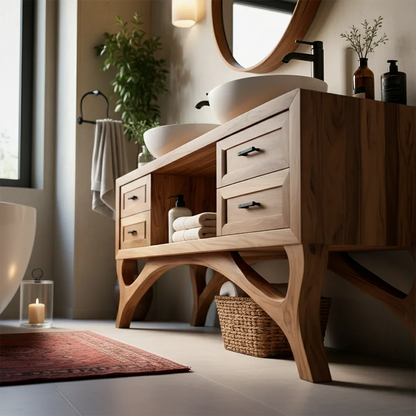 Curved Leg Double Sink Bathroom Vanity Natural Solid Wood Modern - ArborisWood - 4