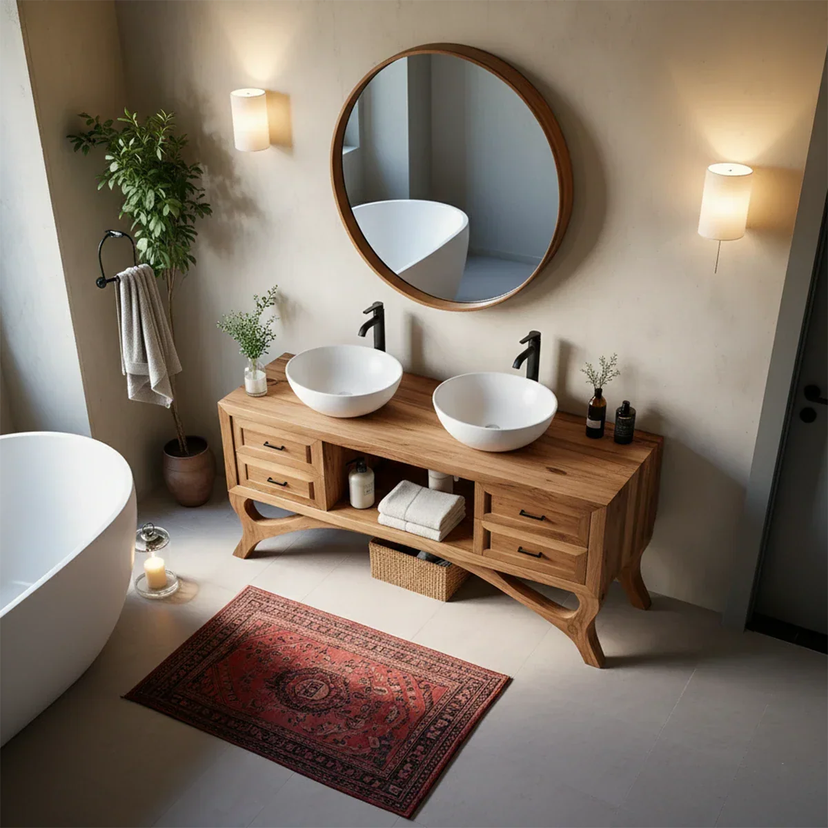 Curved Leg Double Sink Bathroom Vanity Natural Solid Wood Modern - ArborisWood - 5