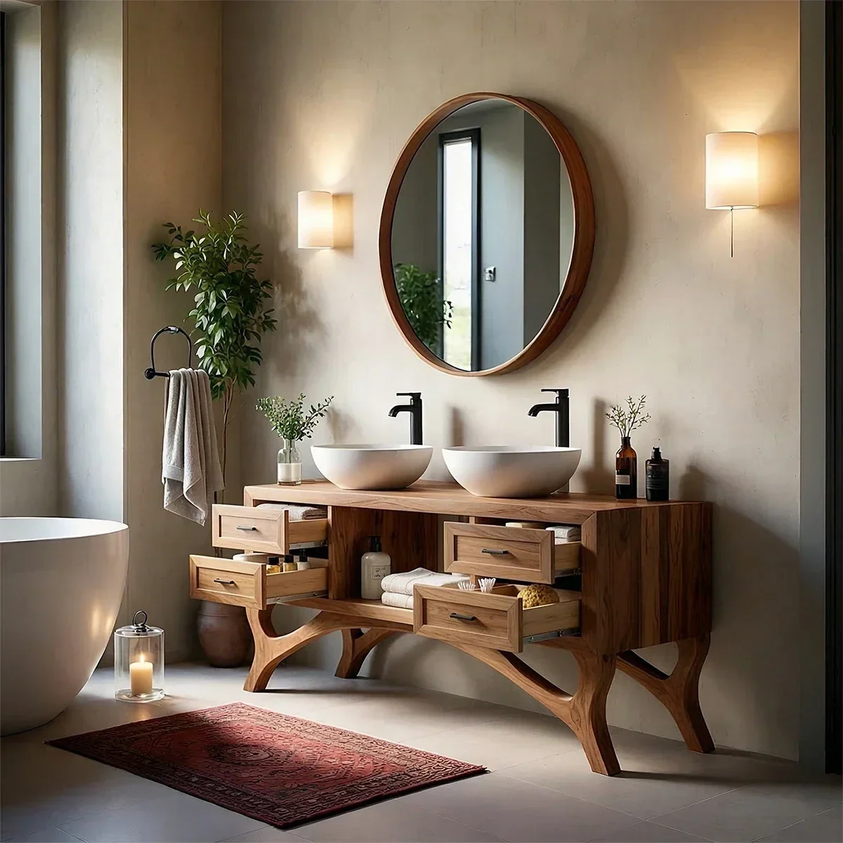 Curved Leg Double Sink Bathroom Vanity Natural Solid Wood Modern - ArborisWood - 6