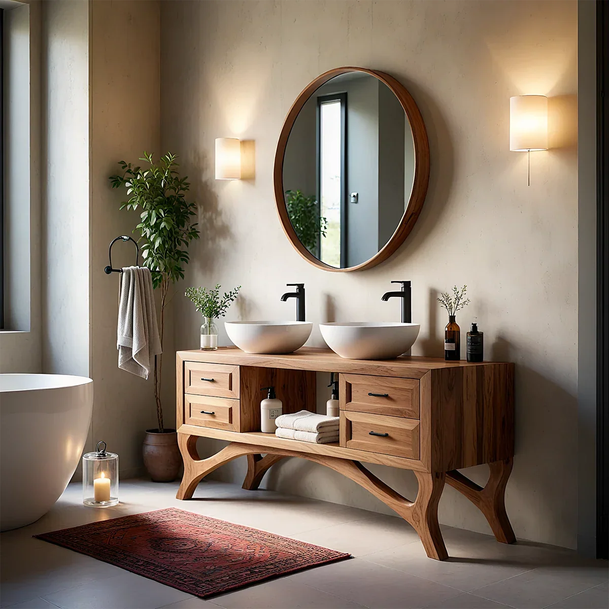 Curved Leg Double Sink Bathroom Vanity Natural Solid Wood Modern - ArborisWood