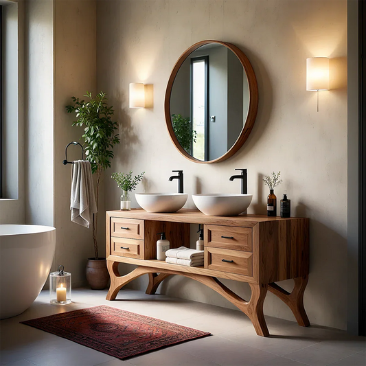 Curved Leg Double Sink Bathroom Vanity Natural Solid Wood Modern - ArborisWood