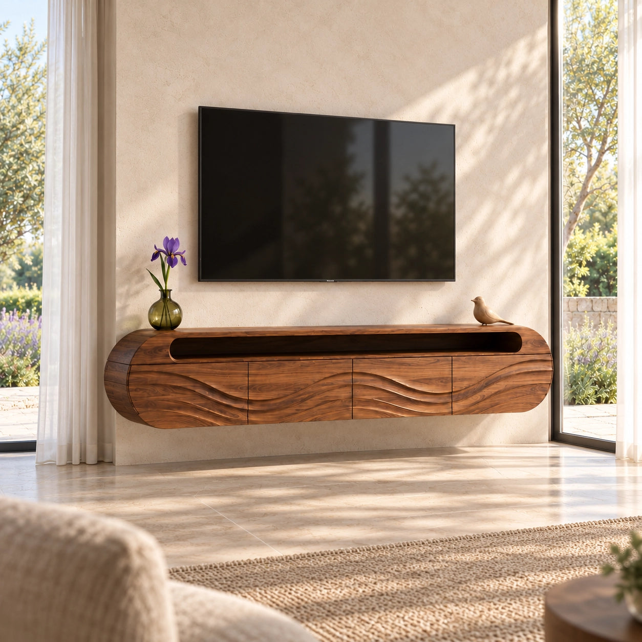 Curved TV Stand with Wave-Carved Natural Solid Wood Storage in Four Sizes - Woodenecho - 1