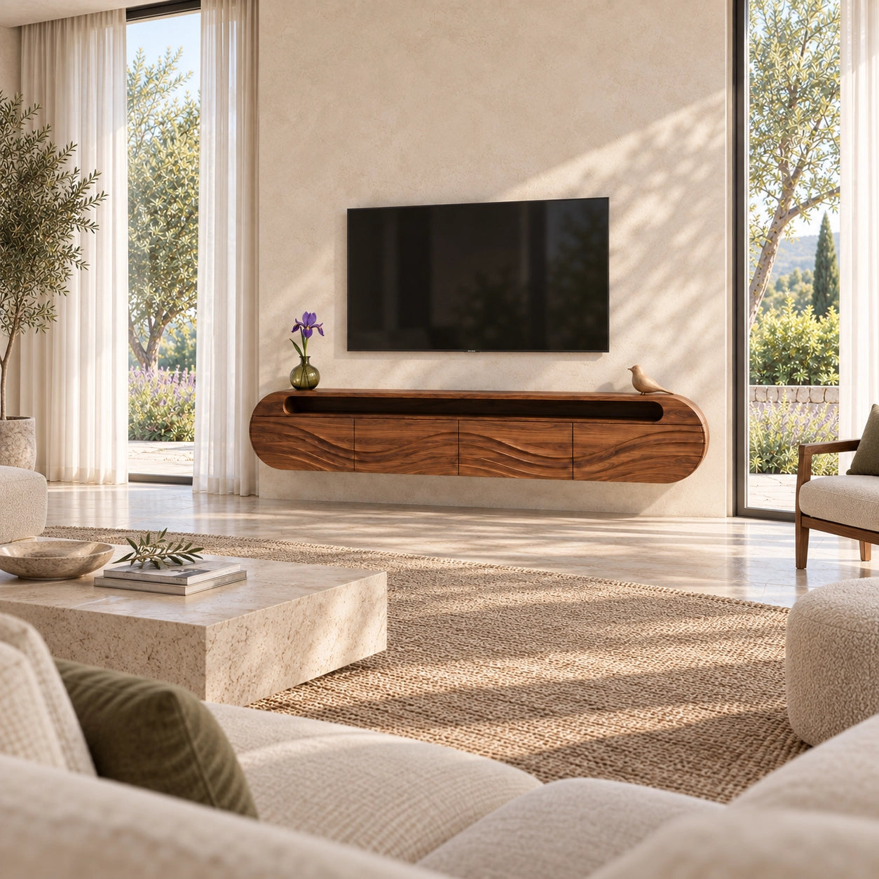 Curved TV Stand with Wave-Carved Natural Solid Wood Storage in Four Sizes - Woodenecho - 2