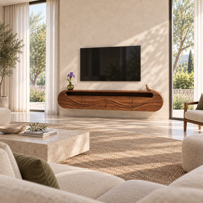 Curved TV Stand with Wave-Carved Natural Solid Wood Storage in Four Sizes - Woodenecho - 2
