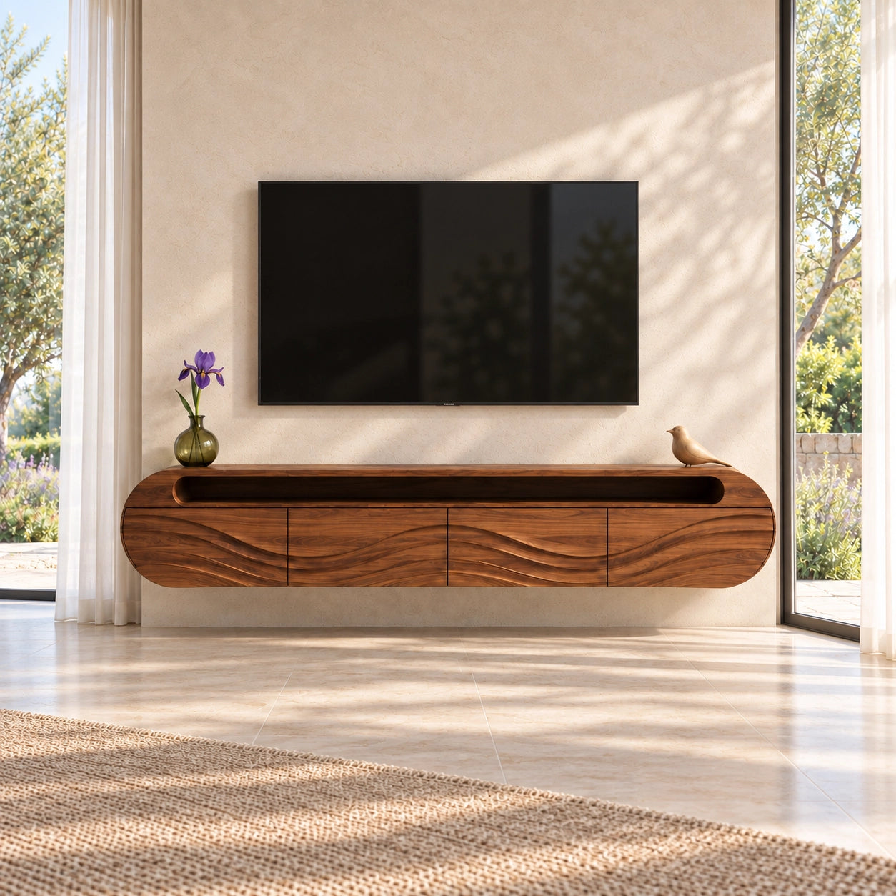 Curved TV Stand with Wave-Carved Natural Solid Wood Storage in Four Sizes - Woodenecho - 3