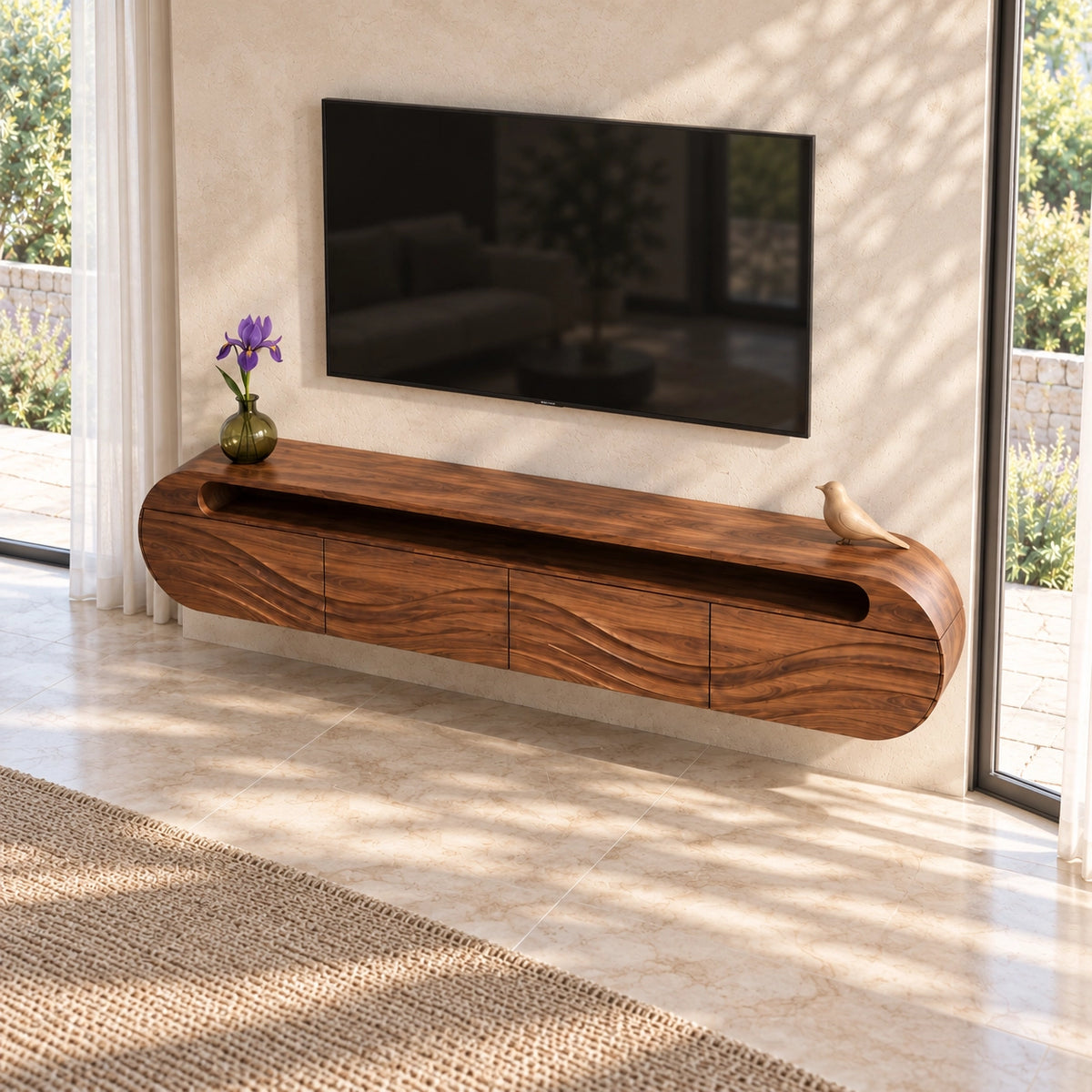 Curved TV Stand with Wave-Carved Natural Solid Wood Storage in Four Sizes - Woodenecho - 4