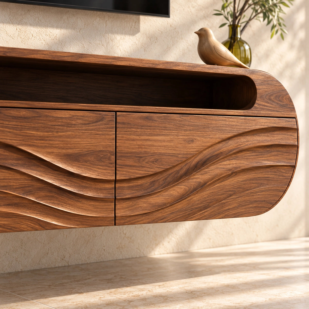 Curved TV Stand with Wave-Carved Natural Solid Wood Storage in Four Sizes - Woodenecho - 5